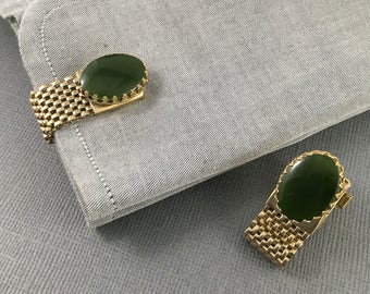 Boutons De Manchette Vintage En Jade - Finition Or, Motif Mesh (treillis), Référence #463, Occasion