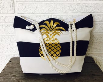 Pineapple Bag, Beach Bag, Tote, Large Book Bag, Waterproof Pool Bag, Shoulder Bag, Cabana Stripe, Gold Pineapple