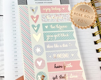 Planner Stickers, Inspirational, Rose Gold Foil, Peach, Grey, Mint, Patterned, Sticker Flags, Motivational, 16 Stickers