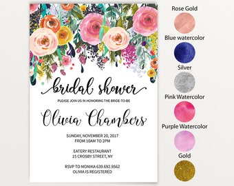 Floral Bridal Shower Invitation Instant Download JPEG Template, Watercolor Flower Bridal Invite, text color change 1