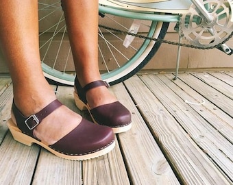Swedish Clogs Low Wood Aubergine Leather by Lotta from Stockholm / Wooden Clogs / Sandals / Low Heel / Mary Jane Shoes