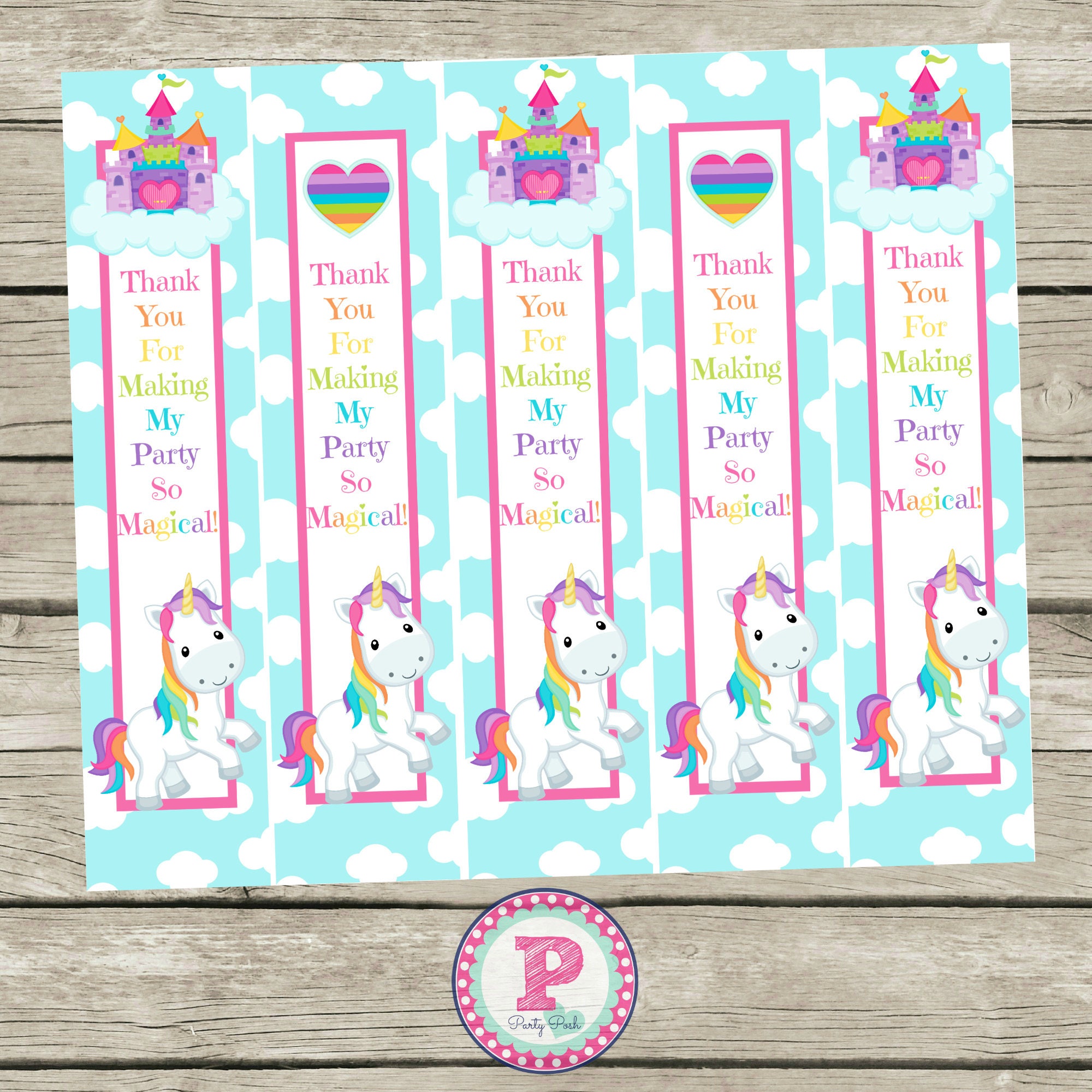 unicorn rainbow birthday party bookmarks blue pink rainbows