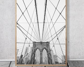 Brooklyn Bridge Digital Print - Black and White Photography, Scandinavian Poster, Instant download, Minimalist Home decor, Travel Photo
