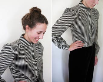 REDUCED! black and beige striped button down with peter pan collar and puff shoulders