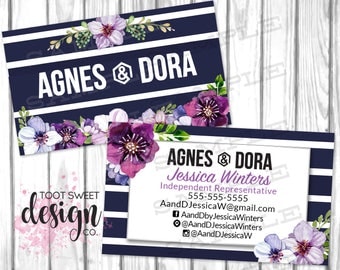 Custom Business Cards Agnes & Dora, Agnes and Dora Consultant Biz Card, Navy Purple Floral, Personalized Marketing Kit / Branding, PRINTABLE