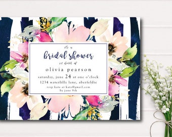 Pink Watercolor Floral Bridal Shower Invitation, Navy Stripe Bridal Shower Printable Invite, Garden Shower Rustic Bridal Shower, pink navy