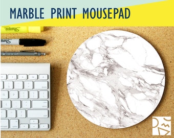 White Marble Print Round Mouse Pad w/ Custom Monogram - Office Decor, Coworker Gift - Office Desk Accessory