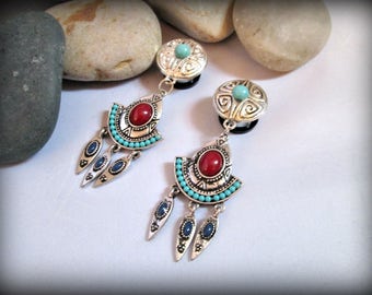 Bohemian ear plugs tunnels-turquoise ear plugs,flesh tunnels,dangle gypsy ear plugs-tribal guage earring -double flared screw tunnel