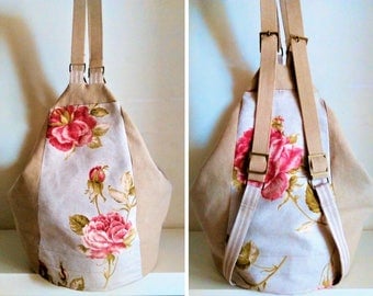 Beige backpack with flower pattern 2 in 1, floral bag, shoulder bag, woman handbag, hobo bag, purse, gift for her