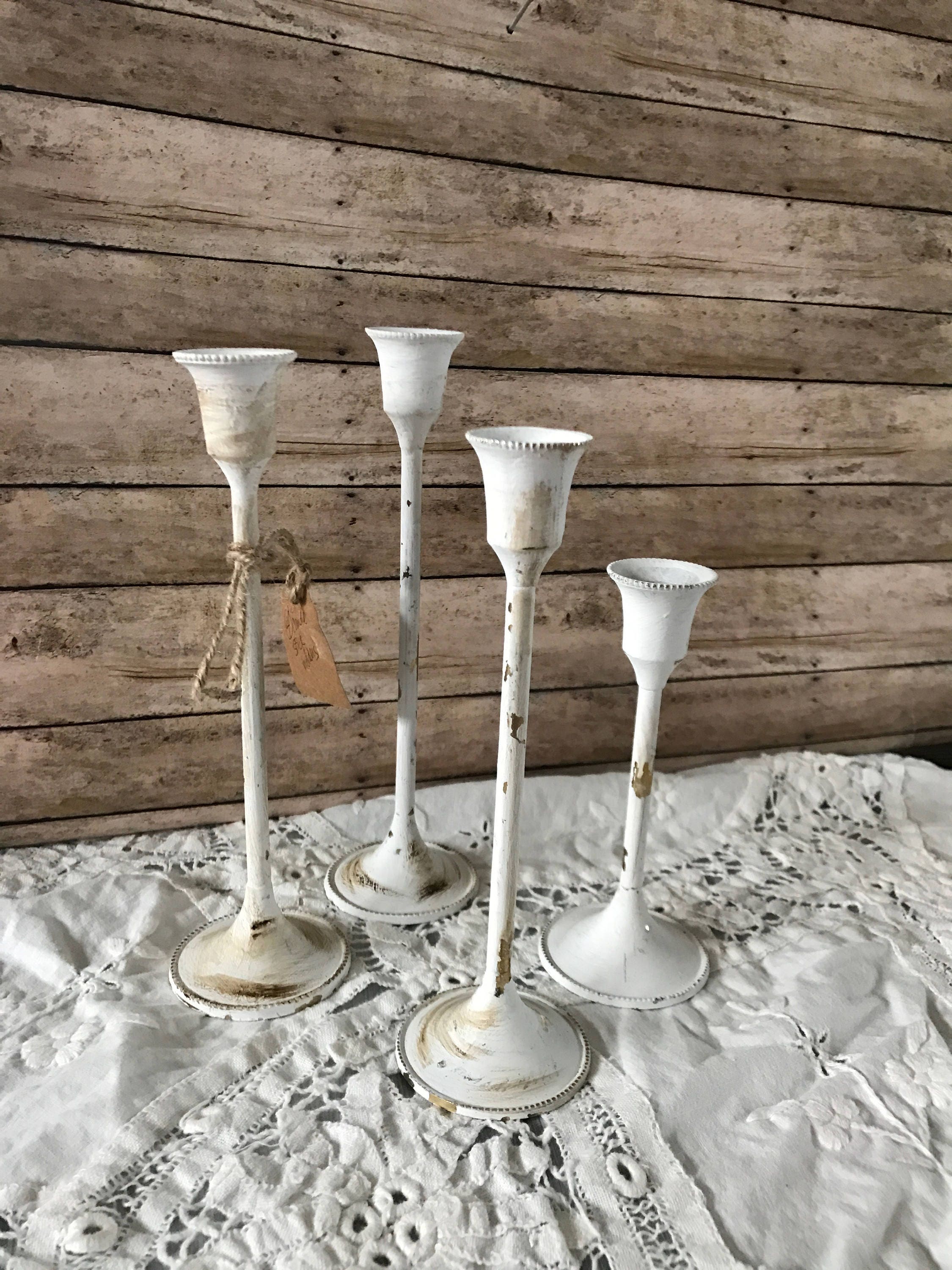 4 French Country painted white and distressed candle holders