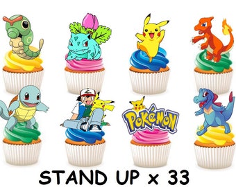 33 x POKEMON edible rice fairy paper cupcake cake toppers edible decoration Stand up Pokemon Kids Party Characters