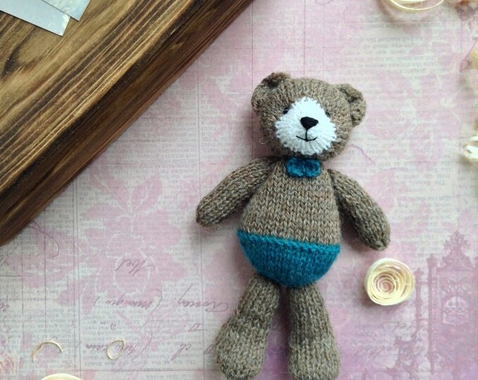 PREORDER Hand Knitted Bear, Knit Teddy Bear, Newborn photo props knit teddy, First soft toy, knitted stuffed animal 6 inch