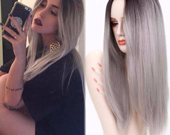 Hot Selling// 26" Long Straight Ombre Black and Grey Straight Synthetic Hair Wig// Heat Resistant Fiber Synthetic Wigs For Women