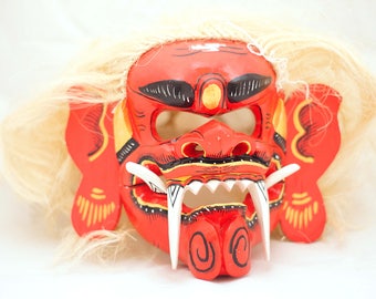Oni mask Red Shaman with fangs Voodoo wooden mask Creepy mask Scary mask Authentic mask Mascot mask