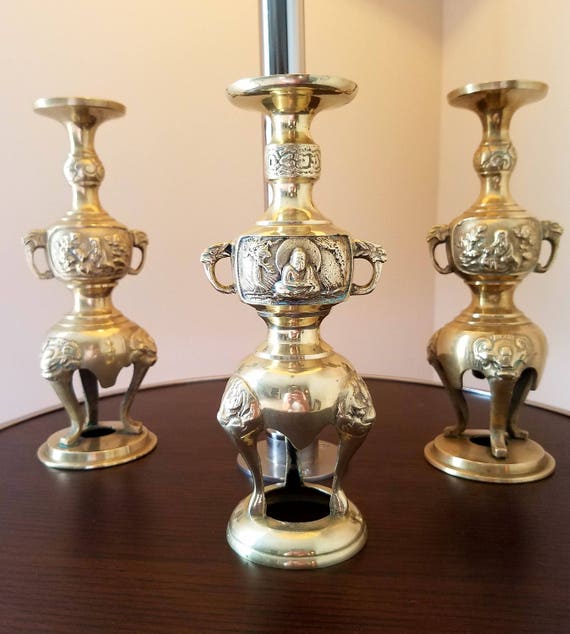 3 Pcs Ornate Vintage Indian Brass Candle holders with lion