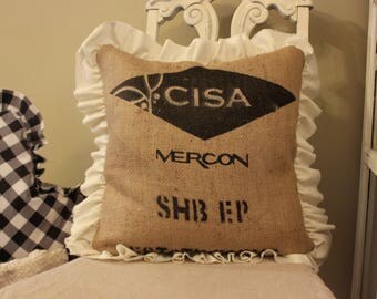 Burlap Grainsack Pillow with Frayed Ruffle Trim