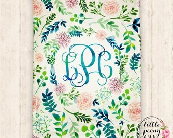Monogram Personalized Floral Print Blanket - Super Plush Minky Blanket with Watercolor Floral Flower Wreath - 30x40, 50x60, 60x80