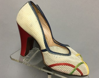 1940's FISHNET Heels, Cute PeeP TOES, ROCKABILLY High Heel Shoes, size 7 1/2