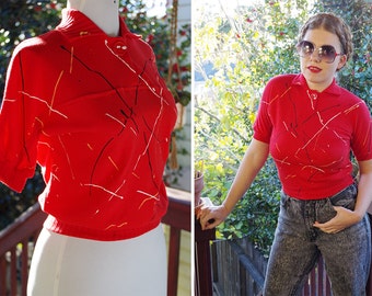 Paint SPLATTER 1980's Vintage Bright Red Shirt w/ Short Sleeves // Hand Painted // size Small // by AUDRA // Deadstock w/ Tags