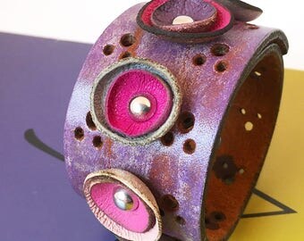 Rustic Purple Leather Cuff Bracelet with Leather Flowers, EcoFriendly Reclaimed Leather Belt, Wristband, Flower Cuff, Seattle Handmade, OOAK