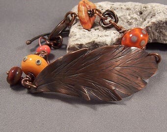 Handmade Hand Forged Copper and Lampwork Bead Bracelet by Monaslampwork -Handmade by Mona Sullivan Antique Copper Lampwork Organic Boho