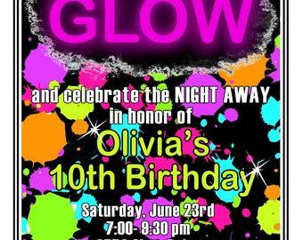 Glow in the dark party Invitations, Glow Birthday Party, Glow Party, Invites, Neon invitations, Blacklight,Cosmic Bowling,Rollerskating