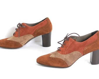 size 8 PATCHWORK suede leather 80s 90s OXFORD lace up high heel ankle boots made in ITALY