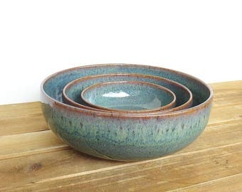 Stoneware Ceramic Nesting Pottery Bowl Set in Sea Mist Glaze, Rustic, Green Blue, Serving Bowls - Set of Three