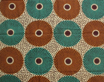 Ankara, African fabric, By the yard, Dressmaking Fabric, Circle print, 100% Cotton, Teal and Brown Circles, Geometric Print, GTP fabric