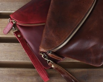 Leather Fold Over Clutch, Evening Bag, Wristlet, Purse, Distressed Brown