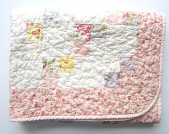Floral Baby Quilt | Patchwork Quilt | Pink Cream Roses | Crib Bedding