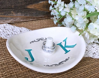 Wedding Ring Holder - Ring Dish w/ Double Monogram - Personalized Ring Dish Wedding Gift for Couple