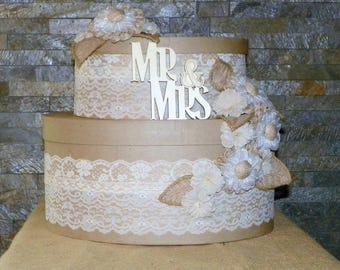 Wedding Card Box, Burlap Flowers, Lace and Ribbons Cover this Tierd Cake Oval Box Set 15" High x 15" Long, Use for the Shower then Wedding