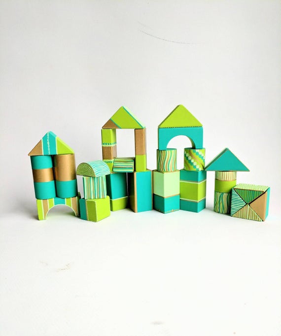 Hand Painted Wooden Building blocks Set of 26 wooden blocks set shades of green and gold