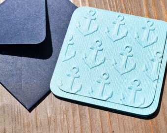 Blank Mini Card Set of 10, Embossed Anchors on Pale Ocean Cardstock, Dark Navy Envelopes, mad4plaid
