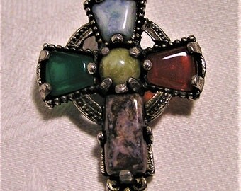 Vintage Multi Stone 1 1/2 Inch Celtic Cross Brooch. The 5 Stones are Beautiful and Colorful Agates and Red, Green, Pale Blue Stones. (D12)