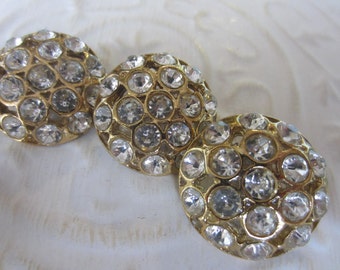 Vintage Buttons - 3 beautiful flower design rhinestone embellished, antique gold finish metal (jan 163-17)