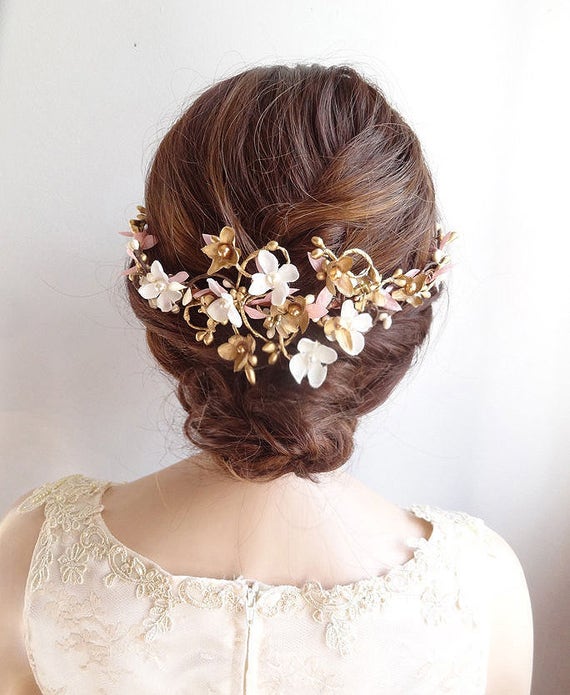 floral hair comb, bridal hair comb, floral hair piece, bridal hair vine, pink and gold hair vine, wedding hair comb, Swarovski headpiece