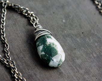 Lichen Necklace, Solar Quartz, Sterling Silver, Natural History, Wire Wrapped, Moss Green, Sage Green, PoleStar, Gemstone Necklace, Pendant