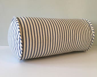 Navy Blue Ticking Stripe Bolster Throw Pillow 6 x 12