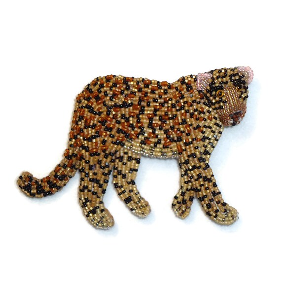 Beaded LEOPARD pin oversized bead embroidery animal brooch