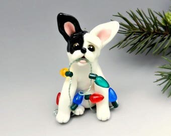 French Bulldog White Black Christmas Ornament Lights Porcelain