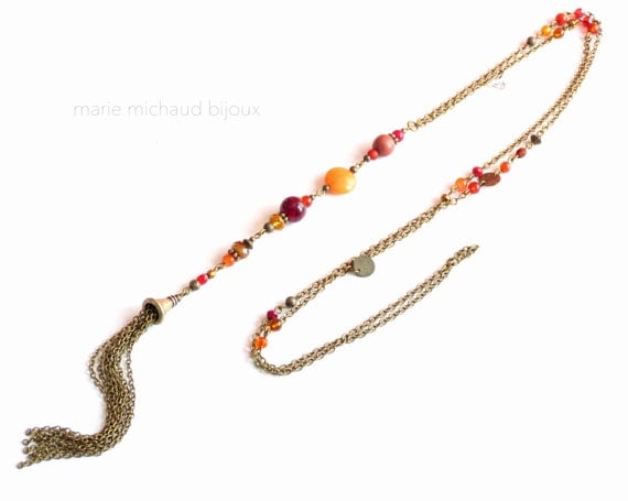 Long rend and orange boho necklace with tassel,Red Orange necklace,Boho necklace,Boho necklace with tassel,Red necklace with tassel