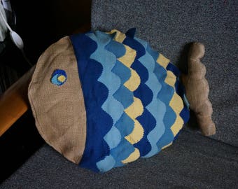 70s fish pillow cover home decor animal cushion case jute gunny burlap vintage 1970s