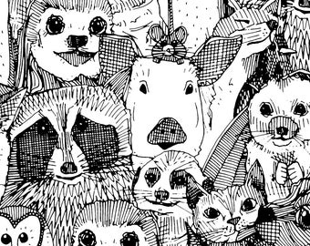 Black and White Cat Fabric By The Yard- Love And Hugs By Scrummy - Pig, Raccoon, Cat Illustration Cotton Fabric By The Yard With Spoonflower