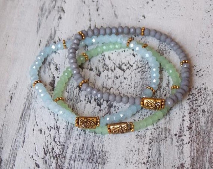 Gold Bracelets Glass Beaded Bracelet Set of 3 Stack Stretch Bracelets - Gray, Green, Blue Boho Bohemian Layering Jewelry