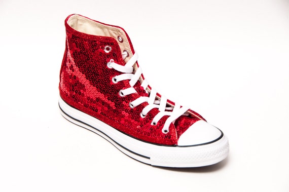 Sequin Hand Sparkled Red Canvas Converse Hi Top Sneakers