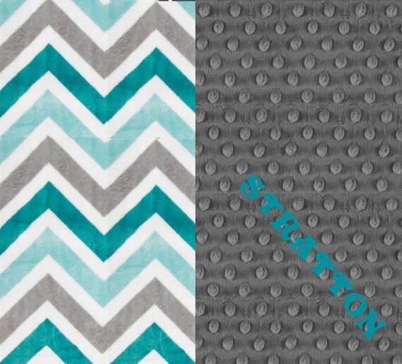 Minky Baby Blanket Boy, Teal Gray Chevron Personalized Baby Blanket - Topaz Charcoal // Soft Baby Blanket