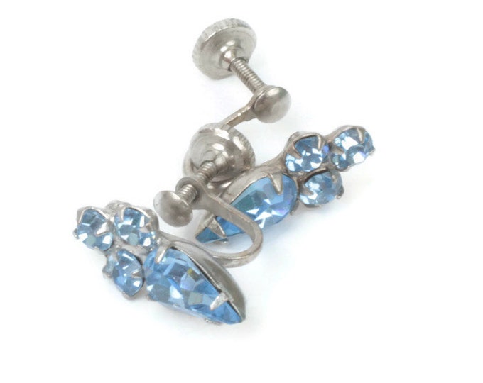 Light Blue Rhinestone Earrings Petite Screw Back Vintage