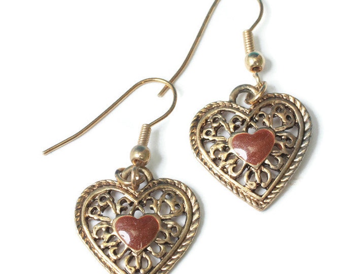 Filigree Heart Dangle Earrings Goldstone Center Gold Tone Earwires